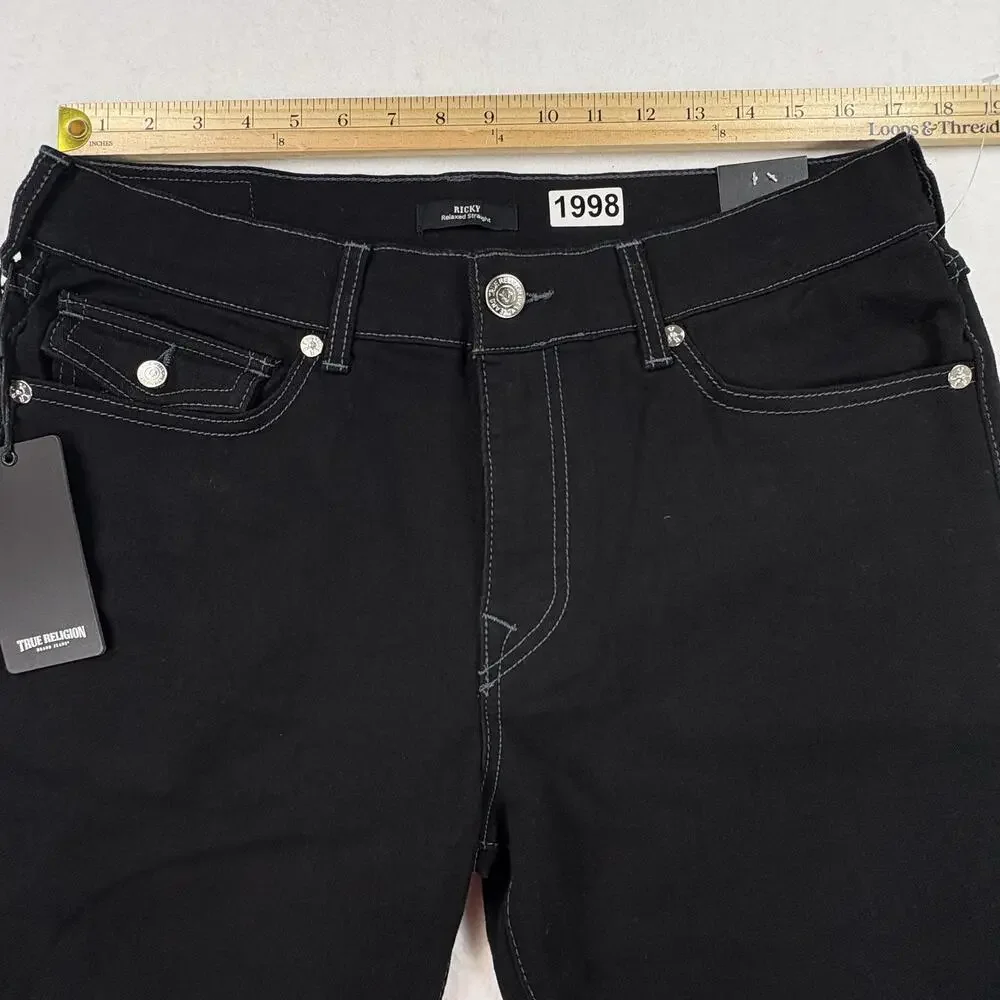 True Religion Ricky Jeans Mens 34x31 Black Relaxed Straight Stretch Denim Rinse